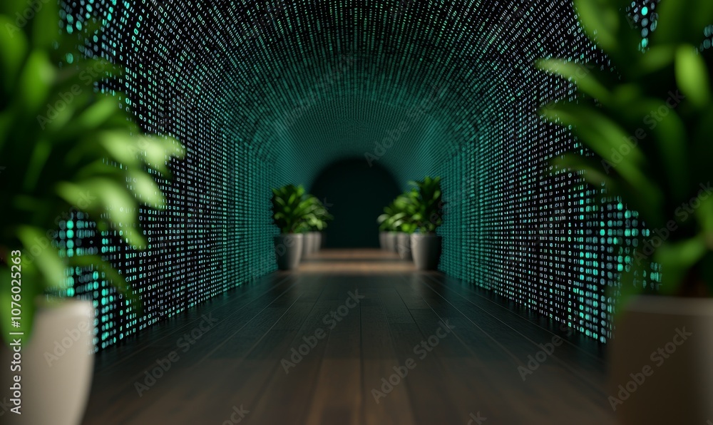 Poster a futuristic corridor lined with digital pattern and potted plants, creating a tech-inspired, serene