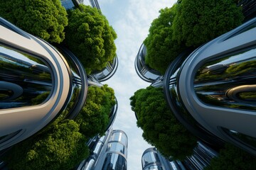 A futuristic view looking up at sleek buildings intertwined with lush greenery and a bright sky.