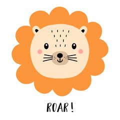 Hand drawn cute  lion head, Baby Room Wall Art, cartoon nursery animal, baby shower decoration, Concept for children print.