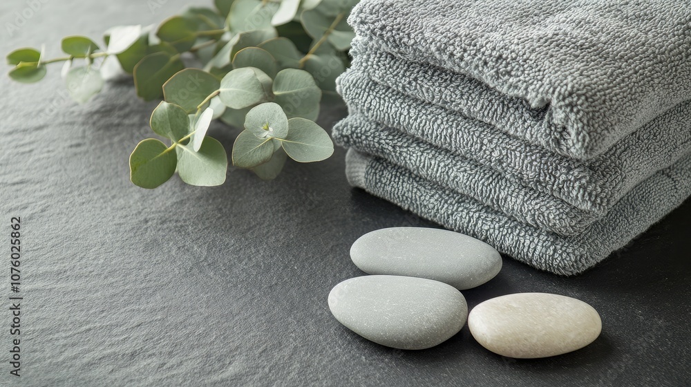 Poster soft gray towels stacked neatly with stones and eucalyptus leaves on a dark slate surface for relaxa