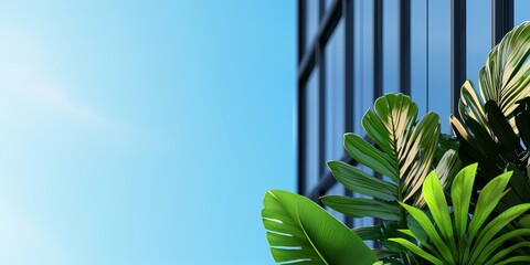 Obraz premium A modern building corner with lush green foliage against a clear blue sky, creating a vibrant and refreshing urban atmosphere.