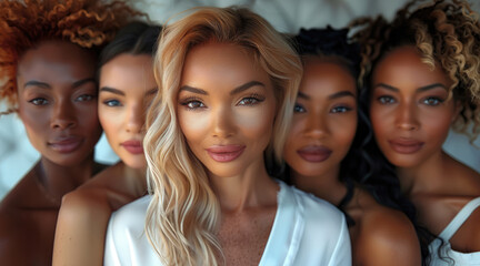 Fototapeta premium A diverse group of women of different skin tones and races posing together for a skincare ad campaign, Concept skincare Ad diverse, Women Inclusive Beauty, Multicultural Campaign, Group Portraits.