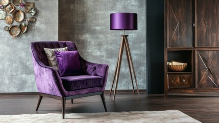 A stylish interior featuring a purple armchair, lamp, and wooden furniture, creating a cozy atmosphere.