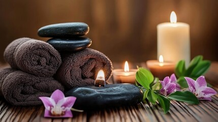 Serene Spa Scene with Soft Textures, Elegant Candles, Smooth Stones, and Delicate Orchids for a Relaxing Wellness and Self-Care Experience