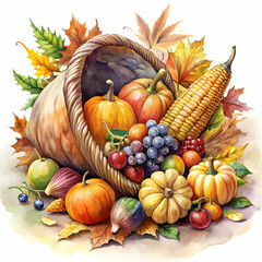 A beautiful watercolor illustration of a Thanksgiving cornucopia, filled with seasonal produce, celebrating harvest.