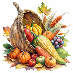 A beautiful watercolor illustration of a Thanksgiving cornucopia, filled with seasonal produce, celebrating harvest.