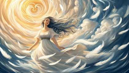 Beautiful angel woman statue with wings, a work of art, stands serene on the water's edge