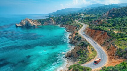 Scenic coastal road with turquoise waters and mountainous backdrop.