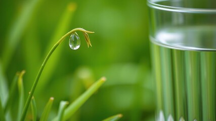 A single drop of dew clings to a blade of grass before falling off into a glass of water, peaceful, ripples, dew droplet