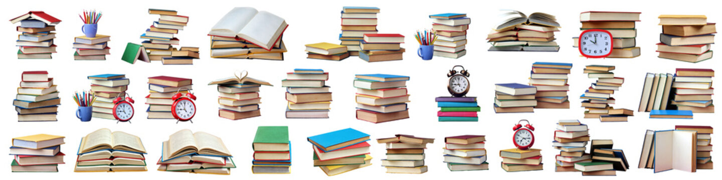 a stack of books isolated on a transparent background. education and literature concept. library of paper books and textbooks with colored hard covers. a large collection.