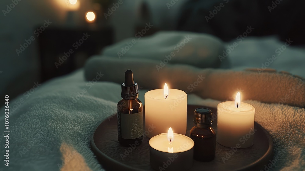 Poster serenity in a cozy setting with burning candles and aromatherapy oils on a soft blanket creating a c