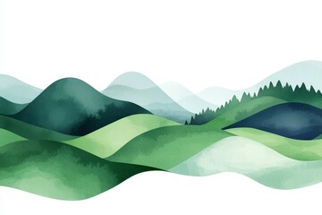 Obraz premium A serene watercolor depiction of rolling green hills and mountains, showcasing various shades of green against a minimalistic background.