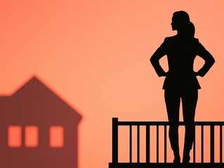 A silhouette of a confident woman standing on a balcony at sunset, with a house outline in the background, evoking a sense of empowerment and tranquility.
