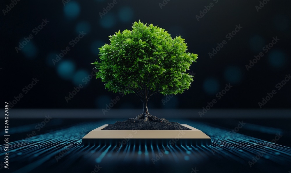 Poster a vibrant green tree grows from a microchip, symbolizing the fusion of nature and technology in a di