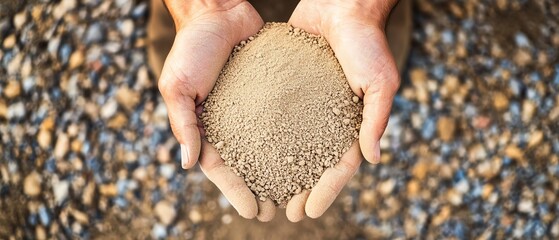 Hands holding fine sand in natural setting.