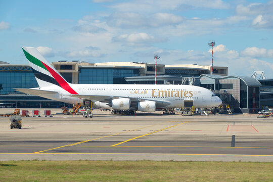 MILAN, ITALY-SEPTEMBER 17, 2017: The largest passenger airplane - Airbus A380-861 (A6-EEN) from Emirates Airline on the Malpensa airport