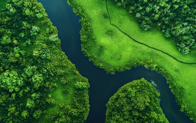 Aerial view of lush green landscapes with winding river, showcasing nature's beauty and tranquility.