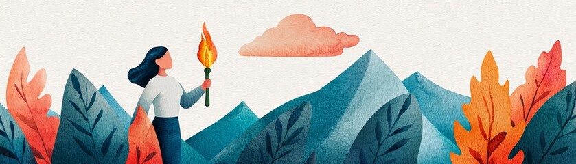 Fototapeta premium A woman stands in a colorful landscape holding a torch, surrounded by vibrant mountains and autumn leaves, evoking a sense of adventure and exploration.