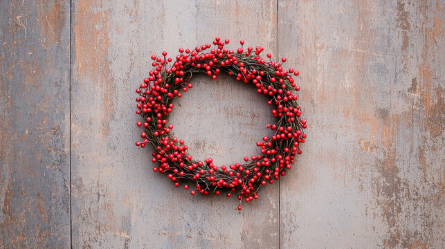 A beautiful red berry wreath hanging against a rustic wooden background.