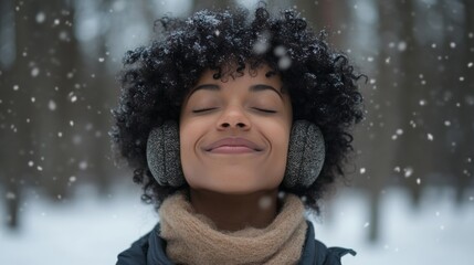 Close-up of a Woman with Curly Hair Smiling in Falling Snow