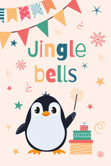 Cute Christmas Card with Penguin and Snowflakes. Adorable Seasonal Illustration for Holiday Greetings, Christmas and New Year