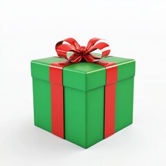 Obraz premium Festive 3D Christmas Gift Box with Red Ribbon and Green Wrapping on White Background