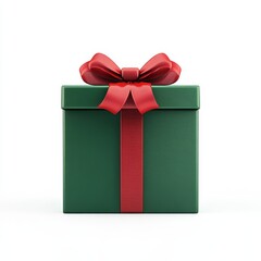Festive Christmas Gift Box 3D Rendering with Red Ribbon and Green Wrapping on White Background
