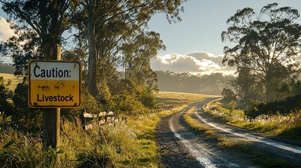 A caution sign warns drivers of livestock in the area as the rural road winds through lush greenery with fog lifting in the morning. The peaceful countryside is illuminated by soft light