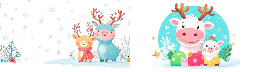 Obraz premium A whimsical winter scene featuring colorful reindeer and a playful cow, surrounded by snow and festive decorations.