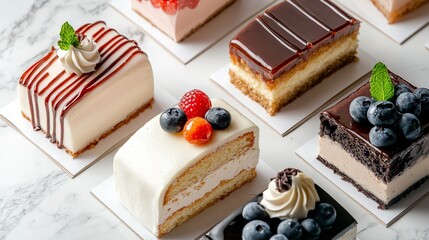 Gourmet bakery flyers featuring elegant cakes and desserts on marble countertop, sophisticated and tempting.