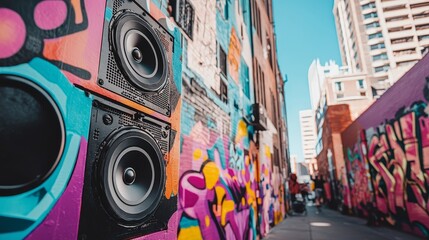 Colorful graffiti-style art and DJ lineups on urban alley festival promotions, street festival posters, urban and edgy.