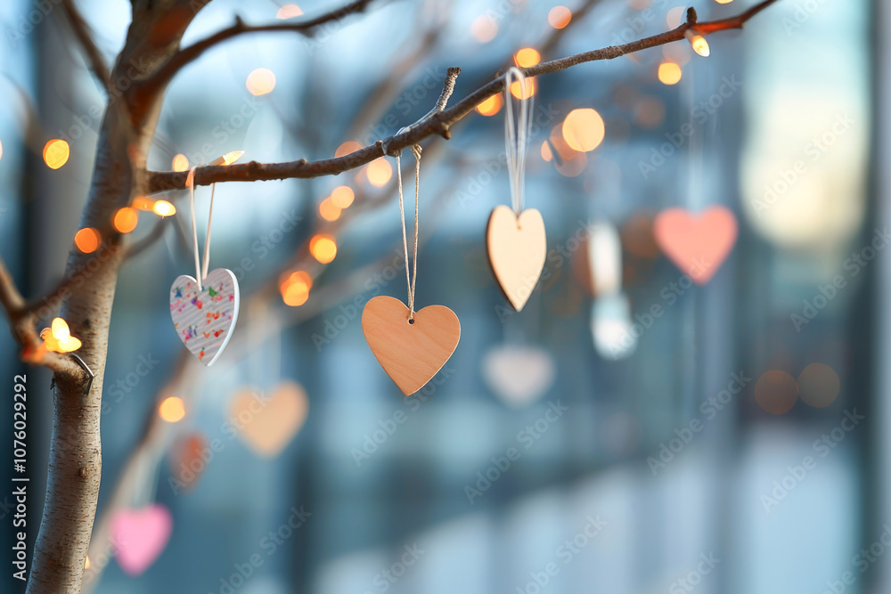 Aufkleber a close-up of decorated hearts hanging from a branch with soft bokeh lights in the background.