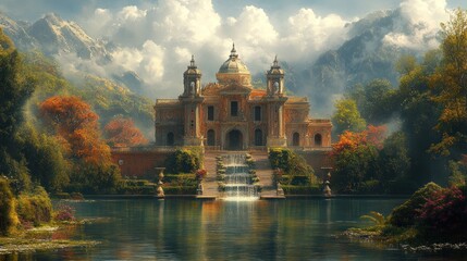 A majestic palace surrounded by mountains and a serene lake.