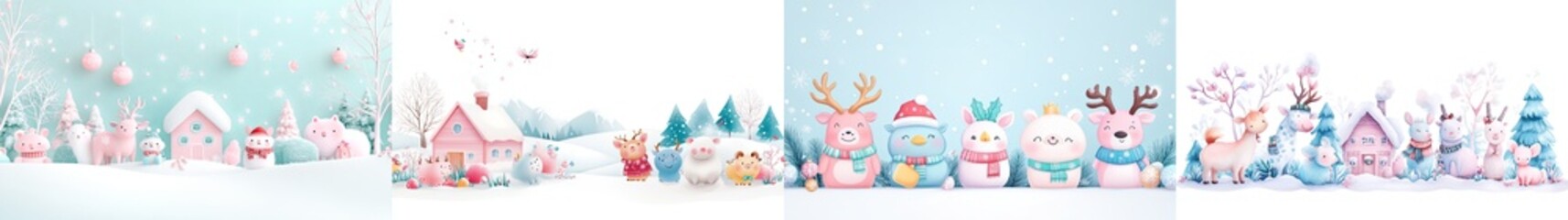 A whimsical winter scene featuring colorful houses, snowmen, and festive decorations, evoking a cheerful holiday spirit.
