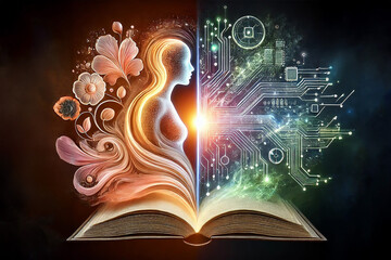 Human AI Partnership to write a book with one sideways facing human and open book