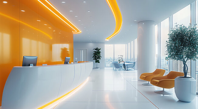 The reception area of a modern office. The interior is white, with some small interior design details in bright orange. The space is bright thanks to a large glass window.