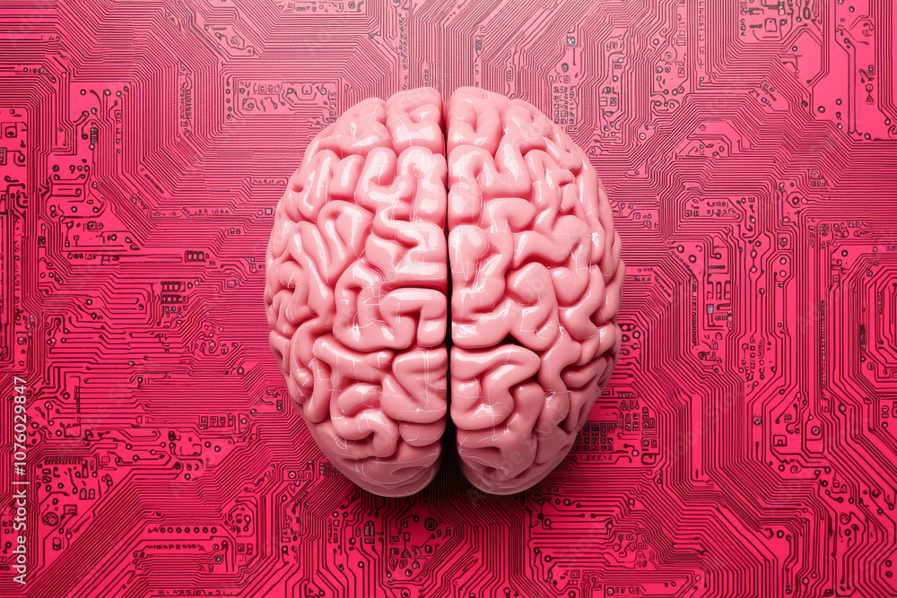 Poster a conceptual image of a brain on a circuit board background, symbolizing technology and intellect.