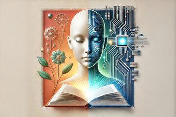 One head face on half human half AI reading a book