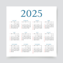 Calendar 2025 year. Calender template. Yearly diary with 12 month. Week starts Sunday. Scheduler layout in English. Planner organizer 2025 year. Minimal square design. Vector illustration.