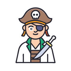 Pirate character icon with eyepatch and hat, Vector illustration of a pirate character wearing a skull hat, eyepatch, and red coat, representing a classic sea adventurer or buccaneer.
