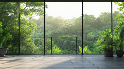 Naklejka premium Rich VIP House Balcony in Tropical Forest. Luxury Real Estate Business Design. Natural SPA Hotel Resort, Panoramic Large Windows. Rich Contemporary Minimalist Architecture, Outdoor Deck Balcony.