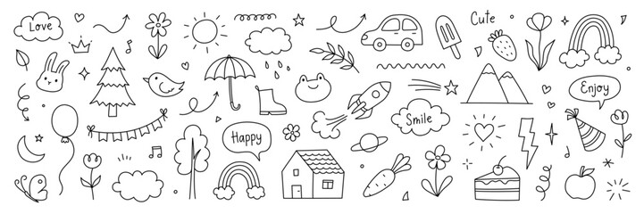 Obraz premium Cute kid background line flower, heart, rainbow icon. Hand drawn doodle sketch baby element set. Flower, heart, cloud children draw style design element background. Vector illustration