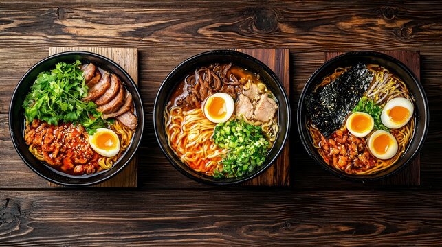 Ramen restaurant flyers with rich broth, colorful toppings on wooden table, ramen promotion, authentic and savory.