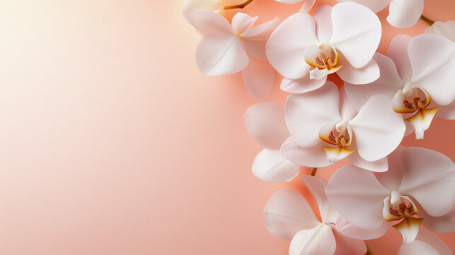 Elegant white and pink orchid flowers arranged on a soft beige background, creating a serene floral composition.
