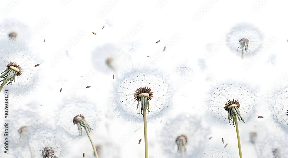 Poster lots of dandelion seed heads at different focal distances and sizes as if in a field with seeds floa