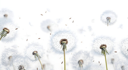 Obraz premium Lots of dandelion seed heads at different focal distances and sizes as if in a field with seeds floating away in the wind on a transparent background.