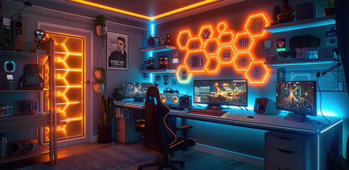Gaming room with orange neon lights, hexagonal shelves, and a gaming chair. Video game wallpaper on the monitors, LED strip lighting, and high resolution.