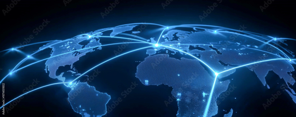 Poster a digital representation of global connectivity and data transfer across the world.