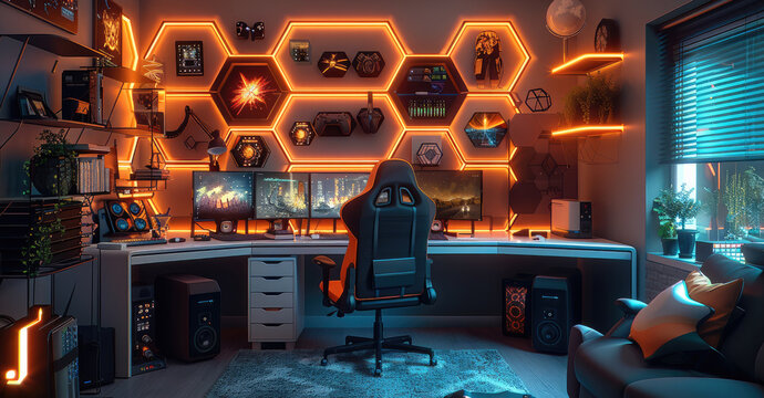 Gaming room with orange neon lights, hexagonal shelves, and a gaming chair. Video game wallpaper on the monitors, LED strip lighting, and high resolution.