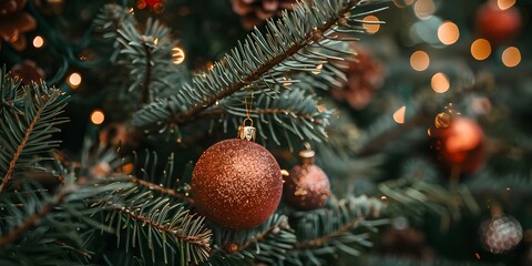 orange christmas tree toys are hanging on the branches of a fir tree, copy space